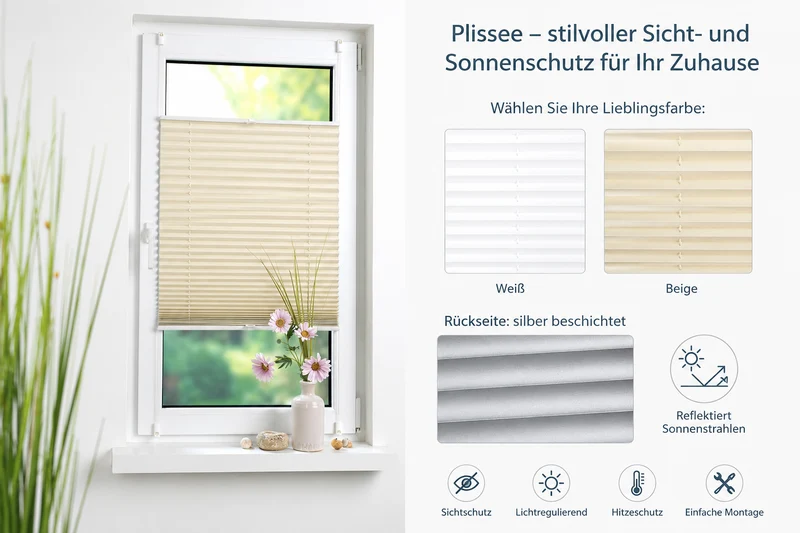 ourdeco® Klemmfix-Plissee | verdunkelnd | Thermo-Beschichtung | ohne Bohren | Metallklemmträger |verschieden Größen | weiß, beige