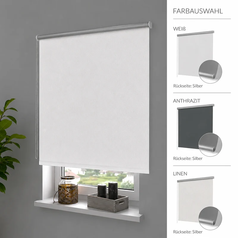 ourdeco® Seitenzugrollo | verdunkelnd | Thermo-Beschichtung | weiß, anthrazit, linen