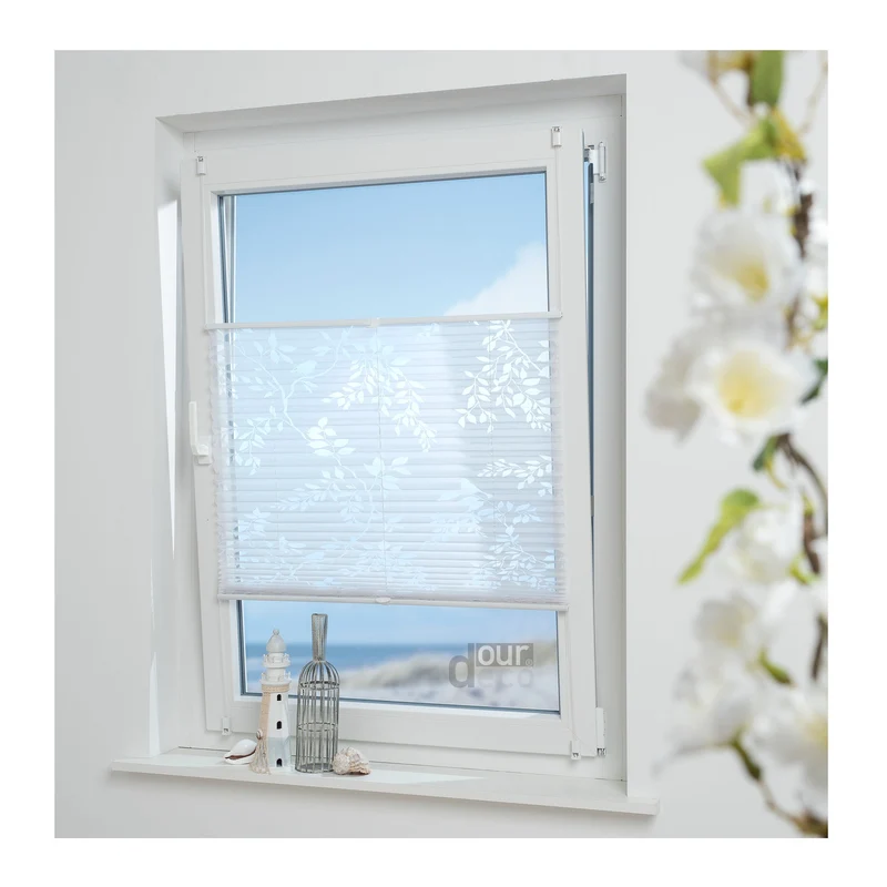ourdeco® Klemmfix Plissee Ausbrenner, dekorative, moderne Stile - Waitara, Blatt, Symphonie und Blume, Montage mit Klemmträgern ohne Bohren