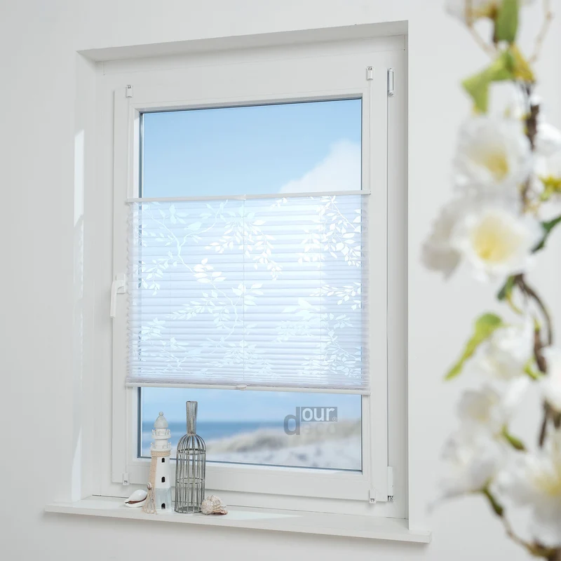 ourdeco® Klemmfix Plissee Ausbrenner, dekorative, moderne Stile - Waitara, Blatt, Symphonie und Blume, Montage mit Klemmträgern ohne Bohren