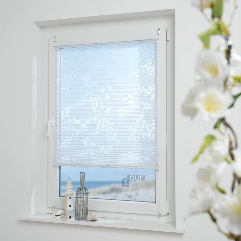 ourdeco® Klemmfix Plissee Ausbrenner, dekorative, moderne Stile - Waitara, Blatt, Symphonie und Blume, Montage mit Klemmträgern ohne Bohren
