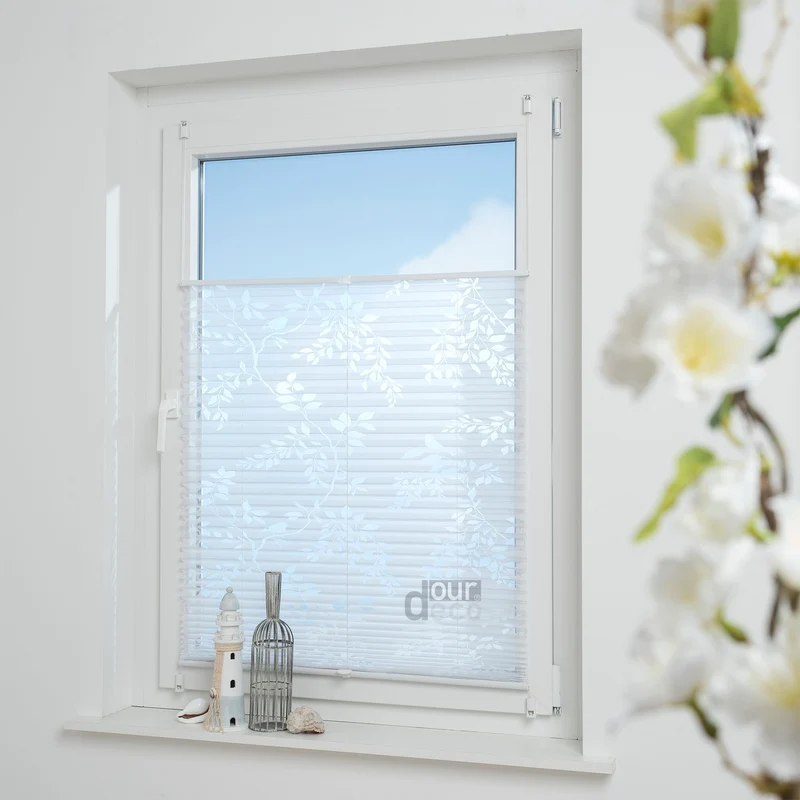 ourdeco® Klemmfix Plissee Ausbrenner, dekorative, moderne Stile - Waitara, Blatt, Symphonie und Blume, Montage mit Klemmträgern ohne Bohren