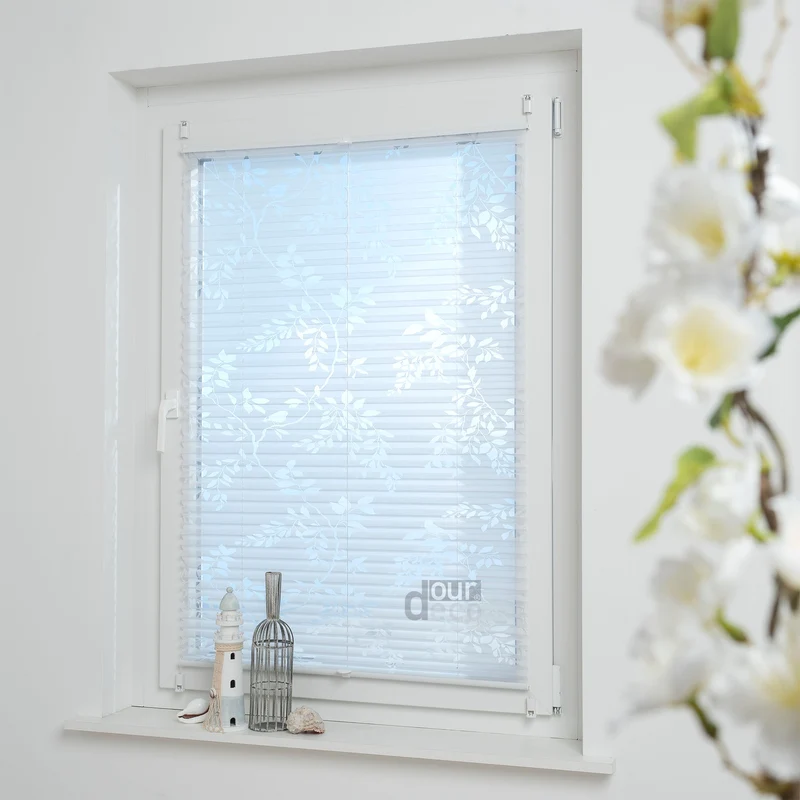 ourdeco® Klemmfix Plissee Ausbrenner, dekorative, moderne Stile - Waitara, Blatt, Symphonie und Blume, Montage mit Klemmträgern ohne Bohren