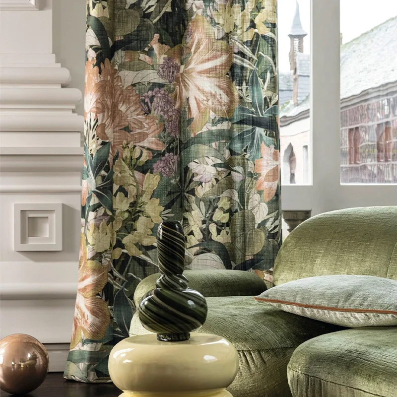 Sea of Blossoms – floraler Design Vorhang nach Maß auf schwerer Leinen-Viskose-Qualität Hibiskus und Lilien