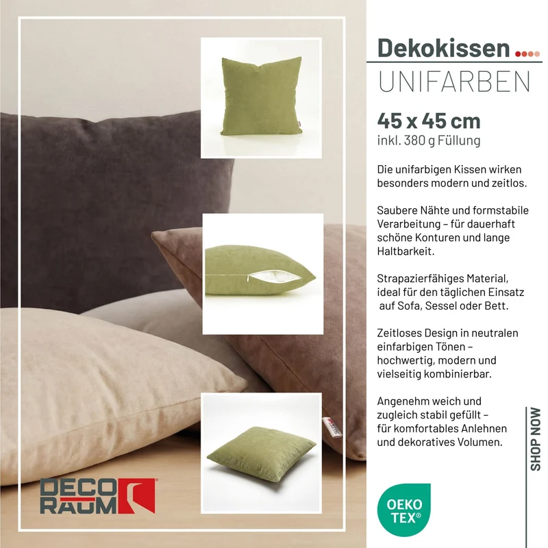 Dekokissen Uni Grün 45x45 cm mit Füllung | OEKO-TEX®