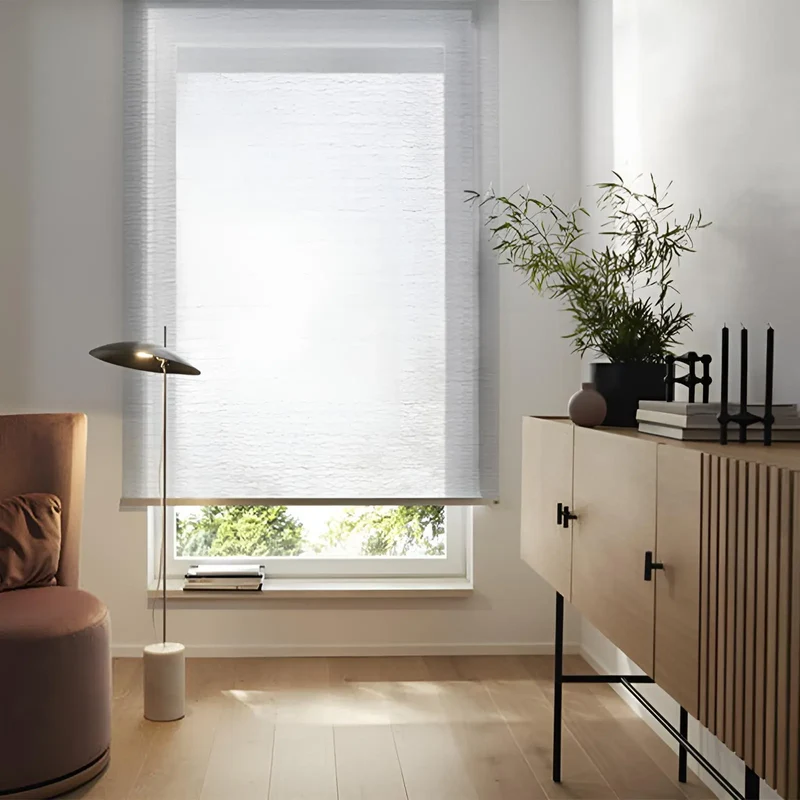 Seaside – modernes Design-Rollo nach Maß mit fließendem Wellenmuster Webstruktur Weiß Beige Silber Grau