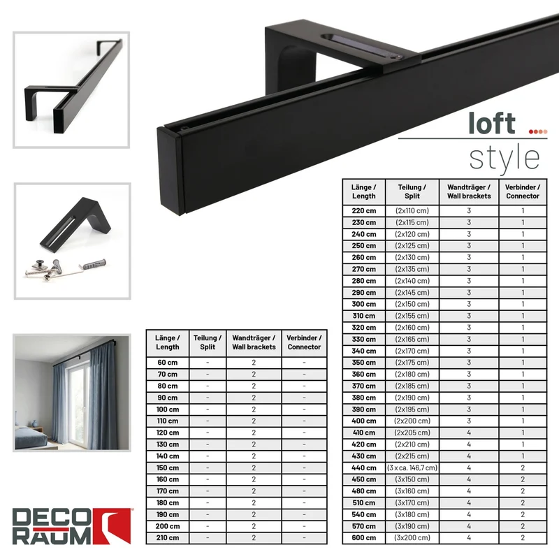 Gardinenschiene Innenlauf auf Maß 1-läufig Schwarz - Serie Loft
