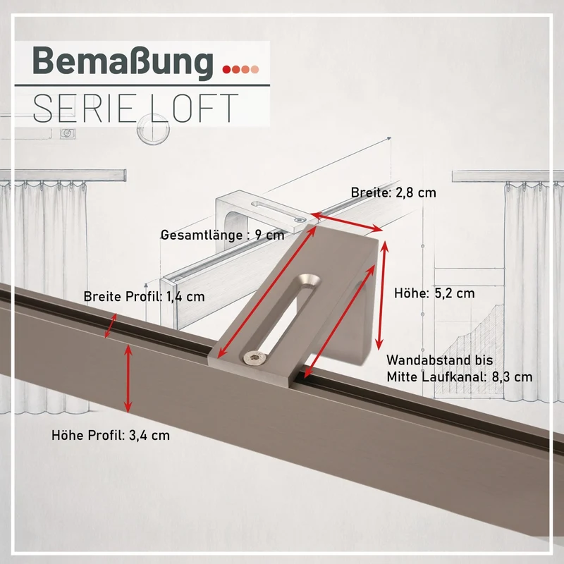 Gardinenschiene Innenlauf auf Maß 1-läufig Edelstahl-optik - Serie Loft