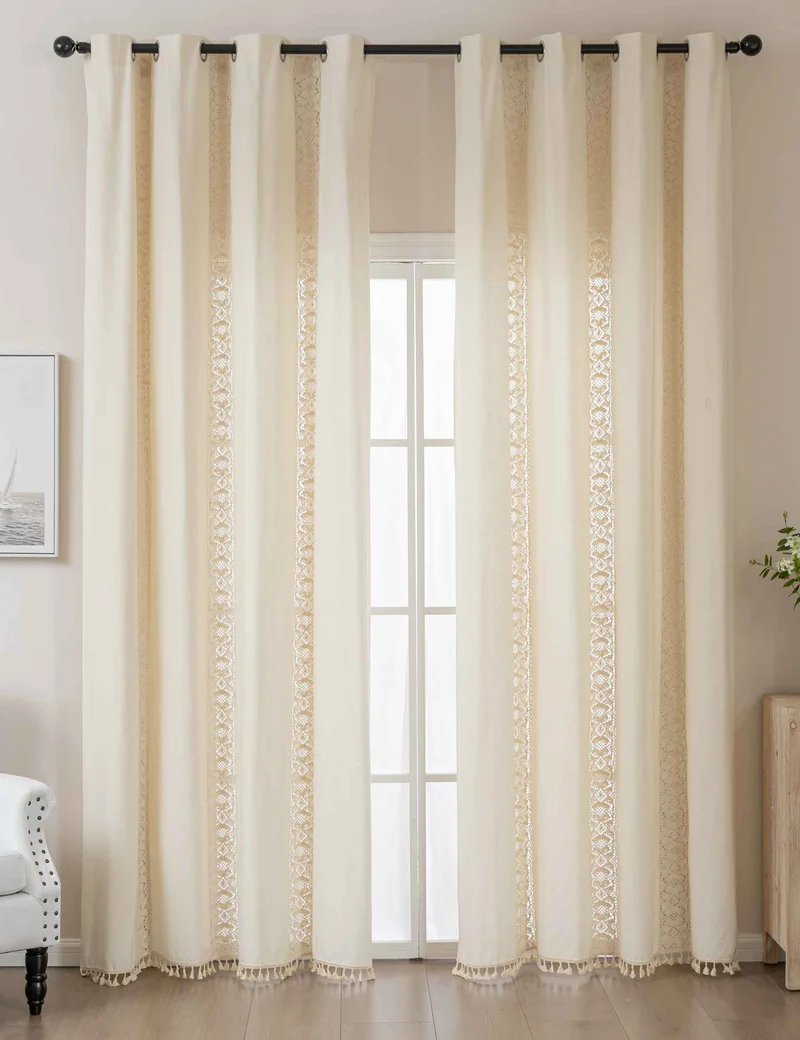 2er Set Vorhang Ösen »Osaka« HxB 245x140 cm Creme 100% Baumwolle Linenlook Makrameespitze Bommeln Raffhalter Gardinen