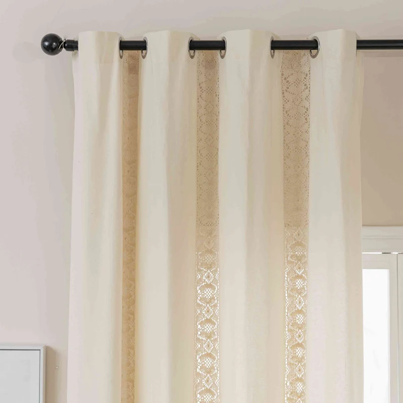 2er Set Vorhang Ösen »Osaka« HxB 245x140 cm Creme 100% Baumwolle Linenlook Makrameespitze Bommeln Raffhalter Gardinen