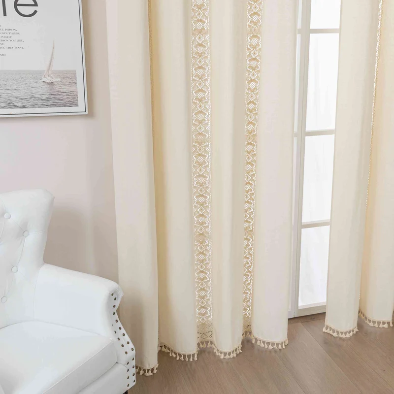 Vorhang Ösen »Osaka« HxB 245x140 cm Creme 100% Baumwolle Linenlook Makrameespitze Bommeln Raffhalter