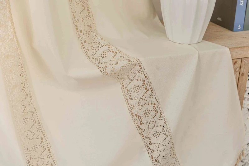 Vorhang Ösen »Osaka« HxB 245x140 cm Creme 100% Baumwolle Linenlook Makrameespitze Bommeln Raffhalter