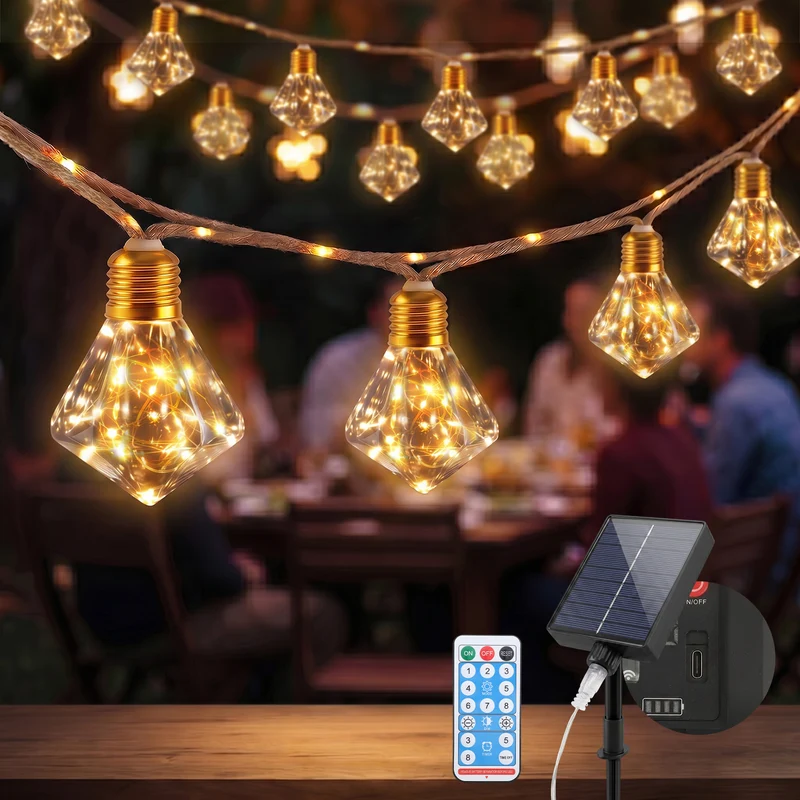 Salcar LED Solar Hanfseil Lichterkette Outdoor Vintage, 8 m (5 m Lichterkette + 3 m Zuleitung), 10 Diamant-Glühbirnen mit 149 LEDs, Warmweiß, Solar & USB aufladbar, Fernbedienung, 8 Lichtmodi, Wetterfest für Garten, Balkon & Terrasse
