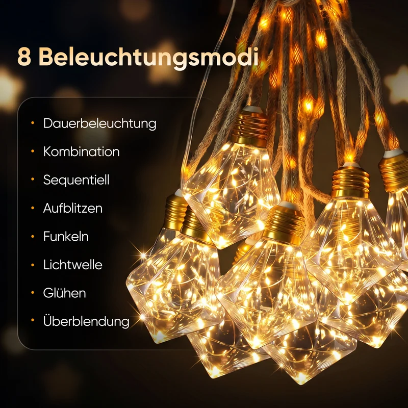 Salcar LED Solar Hanfseil Lichterkette Outdoor Vintage, 8 m (5 m Lichterkette + 3 m Zuleitung), 10 Diamant-Glühbirnen mit 149 LEDs, Warmweiß, Solar & USB aufladbar, Fernbedienung, 8 Lichtmodi, Wetterfest für Garten, Balkon & Terrasse
