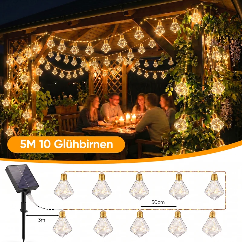 Salcar LED Solar Hanfseil Lichterkette Outdoor Vintage, 8 m (5 m Lichterkette + 3 m Zuleitung), 10 Diamant-Glühbirnen mit 149 LEDs, Warmweiß, Solar & USB aufladbar, Fernbedienung, 8 Lichtmodi, Wetterfest für Garten, Balkon & Terrasse