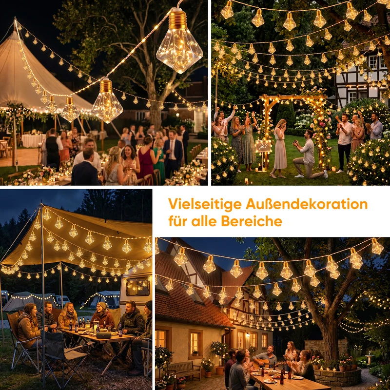 Salcar LED Solar Hanfseil Lichterkette Outdoor Vintage, 8 m (5 m Lichterkette + 3 m Zuleitung), 10 Diamant-Glühbirnen mit 149 LEDs, Warmweiß, Solar & USB aufladbar, Fernbedienung, 8 Lichtmodi, Wetterfest für Garten, Balkon & Terrasse