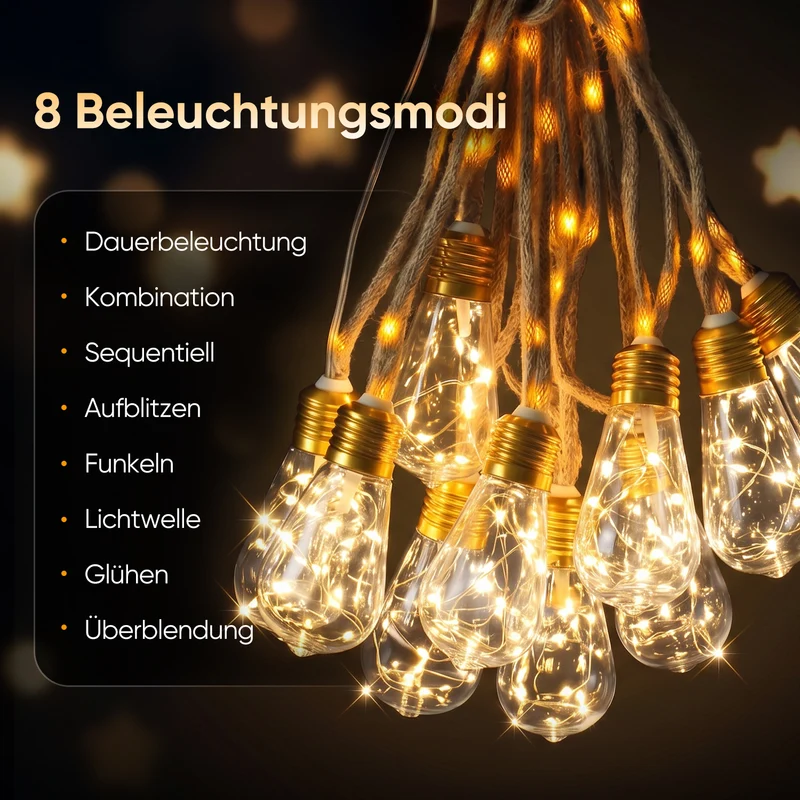 Salcar LED Solar Hanfseil Lichterkette Outdoor Vintage, 8 m (5 m Lichterkette + 3 m Zuleitung), 10 lange LED-Glühbirnen mit 149 LEDs, Warmweiß, Solar & USB aufladbar, Fernbedienung, 8 Lichtmodi, Wetterfest für Garten, Balkon & Terrasse