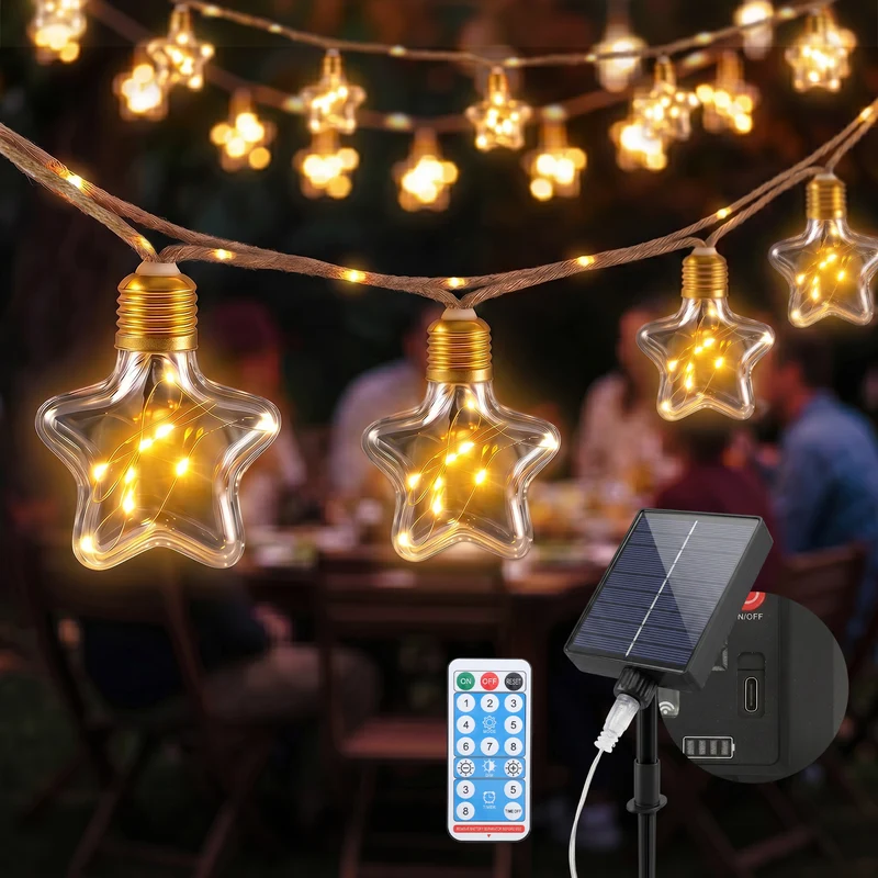 Salcar LED Solar Hanfseil Lichterkette Außen Vintage, 8 m (5 m + 3 m), 10 Glühbirnen mit 149 LEDs, Warmweiß, Solar & USB aufladbar, Fernbedienung, 8 Lichtmodi, Wetterfest für Garten, Balkon & Terrasse