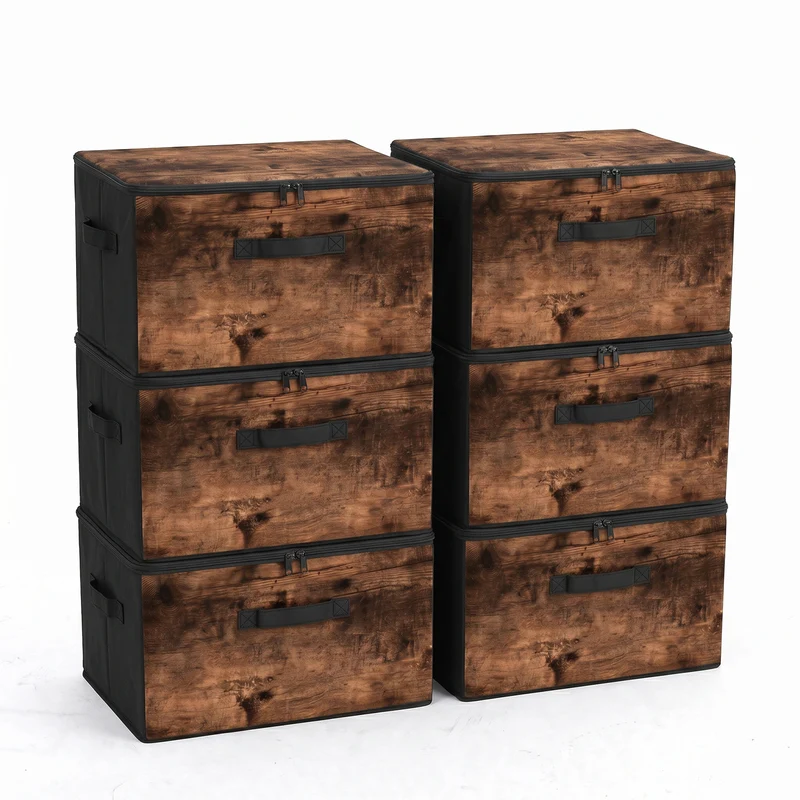 Sekey Aufbewahrungsboxen mit Deckel & Griffen – Faltbare Stoffboxen Organizer 50×30×30 cm, stapelbar für Kleiderschrank & Regal – 3er/6er Set, Holzoptik