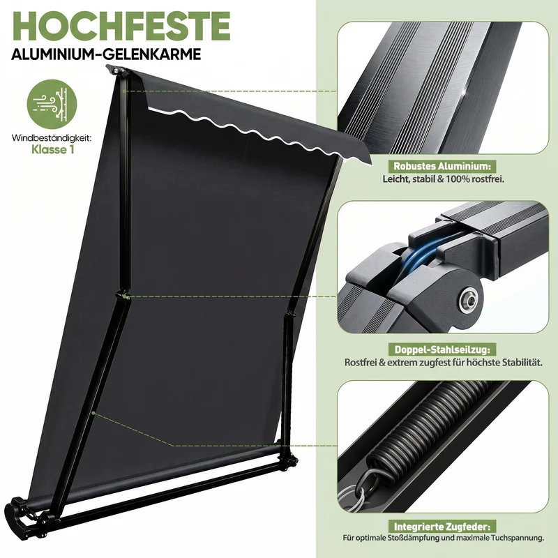 Sekey Gelenkarmmarkise 250x200 cm mit Handkurbel – 0–53° stufenlos neigbar, Doppel-Stahlseilzug, 280g/m² wasserdichtes Polyester, UV50+ Sonnenschutz für Balkon, Terrasse & Garten