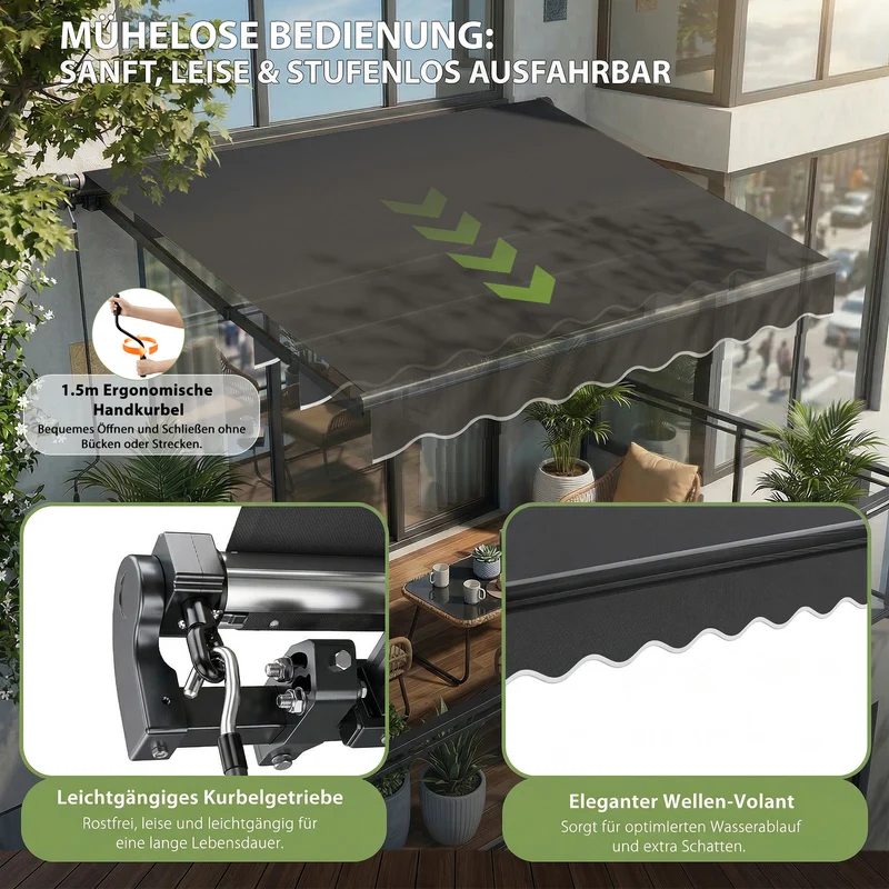 Sekey Gelenkarmmarkise 250x200 cm mit Handkurbel – 0–53° stufenlos neigbar, Doppel-Stahlseilzug, 280g/m² wasserdichtes Polyester, UV50+ Sonnenschutz für Balkon, Terrasse & Garten