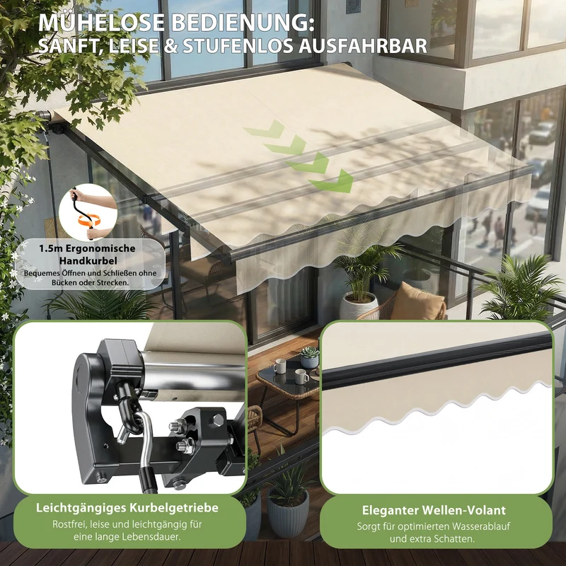 Sekey Gelenkarmmarkise 300x250 cm Beige mit Handkurbel – 0–53° stufenlos neigbar, Doppel-Stahlseilzug, 280g/m² wasserdichtes Polyester, UV50+ Sonnenschutz für Balkon, Terrasse & Garten