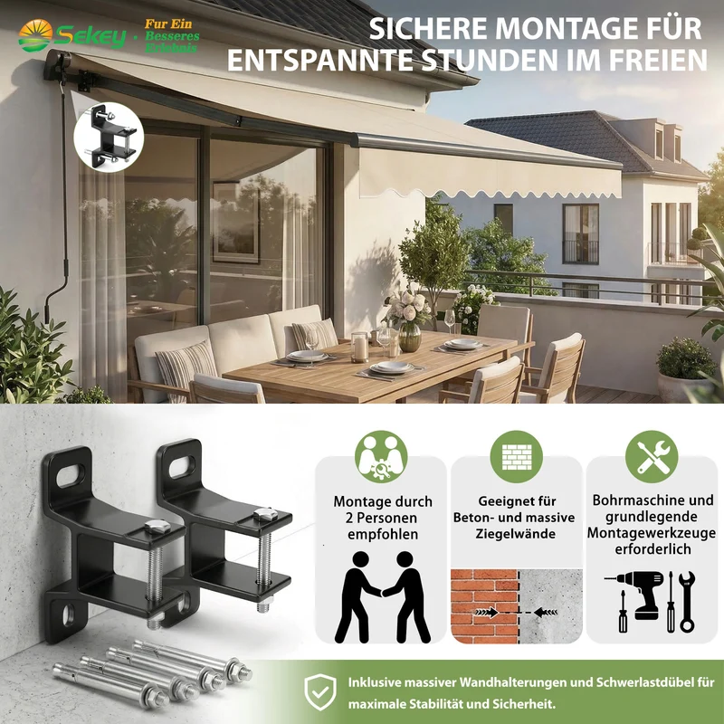 Sekey Gelenkarmmarkise 300x250 cm Beige mit Handkurbel – 0–53° stufenlos neigbar, Doppel-Stahlseilzug, 280g/m² wasserdichtes Polyester, UV50+ Sonnenschutz für Balkon, Terrasse & Garten
