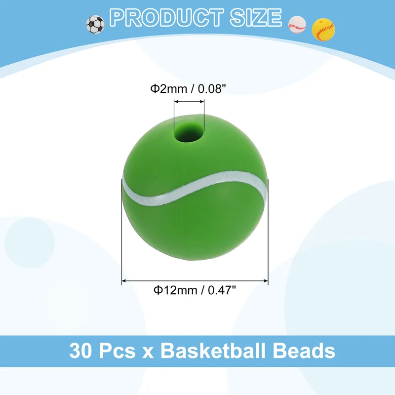 Sports Ball Beads, 30Pcs 12mm Silicone Round Spacer Focal Bead (Tennis)