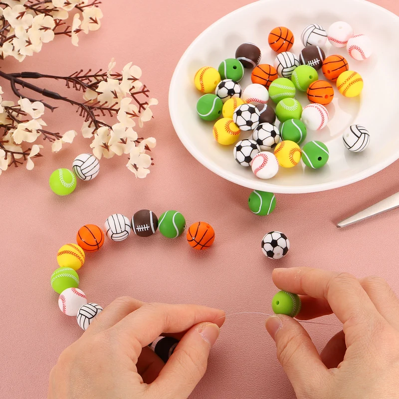 Sports Ball Beads, 30Pcs 12mm Silicone Round Spacer Focal Bead (Tennis)