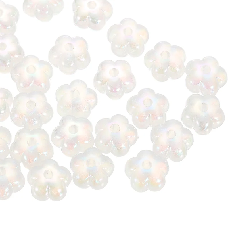 30Pcs Flower Acrylic Beads, 7x13mm Sparkle Acrylic Spacer Beads (White)