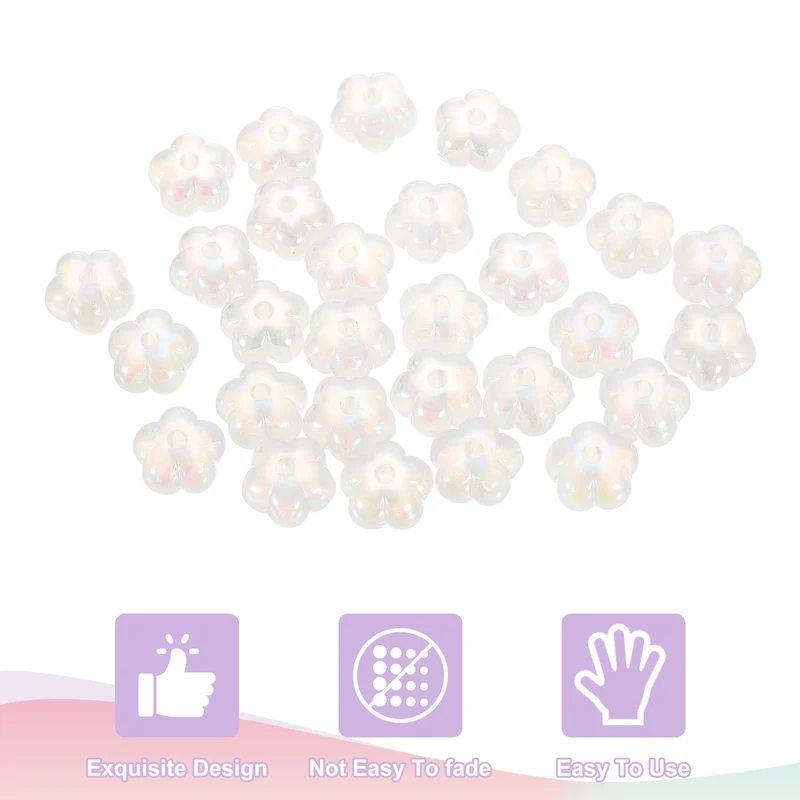 30Pcs Flower Acrylic Beads, 7x13mm Sparkle Acrylic Spacer Beads (White)