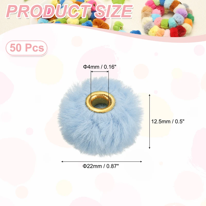 50Pcs Pom Pom Beads, Faux Fur Fuzzy Spacers Bead with 4mm Hole, Haze Blue