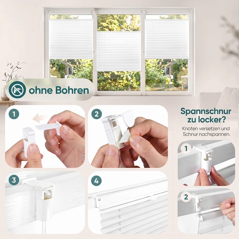 Sekey Plissee ohne Bohren Klemmfix – Lichtschutz & Sichtschutz für Fenster und Tür | Weiß