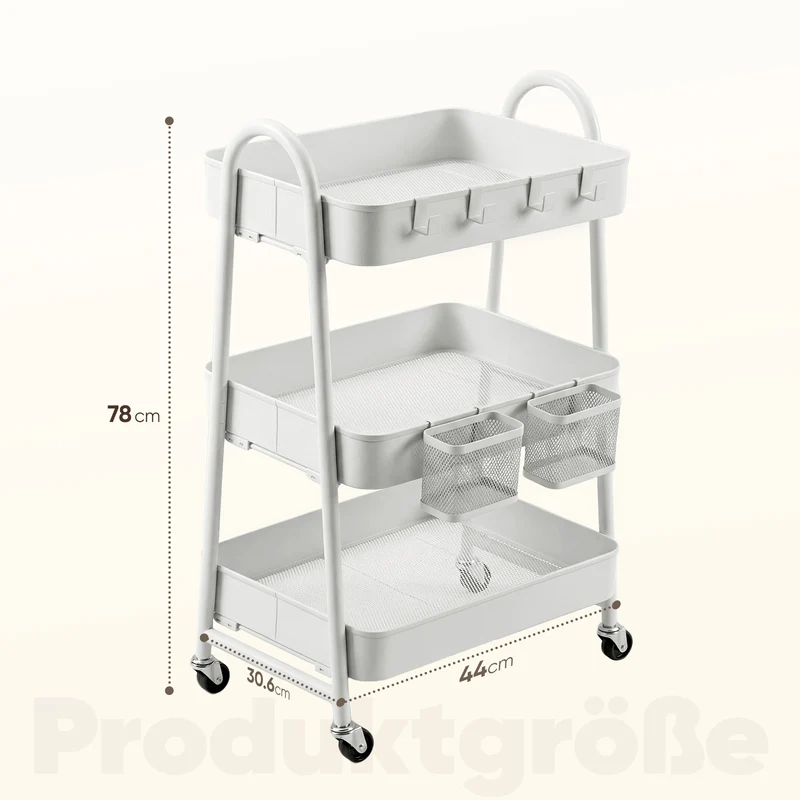 Sekey Rollwagen Küche 30 cm – Schmaler Servierwagen aus Metall mit Rollen, 3 Ablagen, 2 Metallkörben & 4 Haken