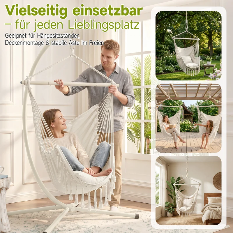 Sekey Hängesessel mit 2 Kissen & Seitentasche – Boho Hängestuhl in Creme für Balkon, Garten & Wohnbereich