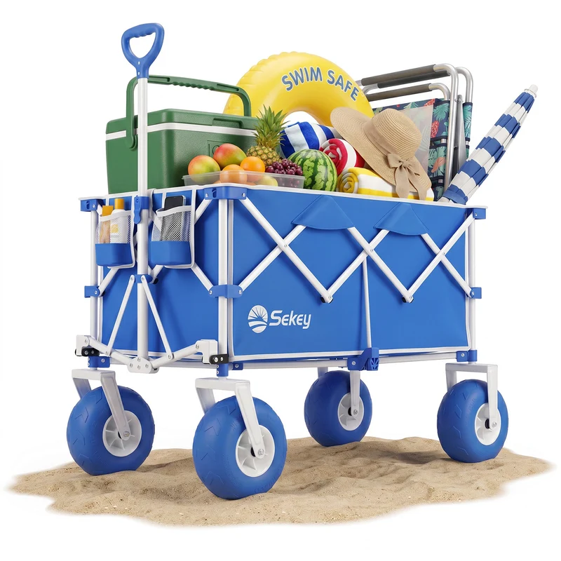 Sekey Bollerwagen faltbar mit Luftreifen 23×10 cm – Strand Bollerwagen klappbar bis 200 kg, 200L Transportwagen für Strand, Camping & Familie, 4032
