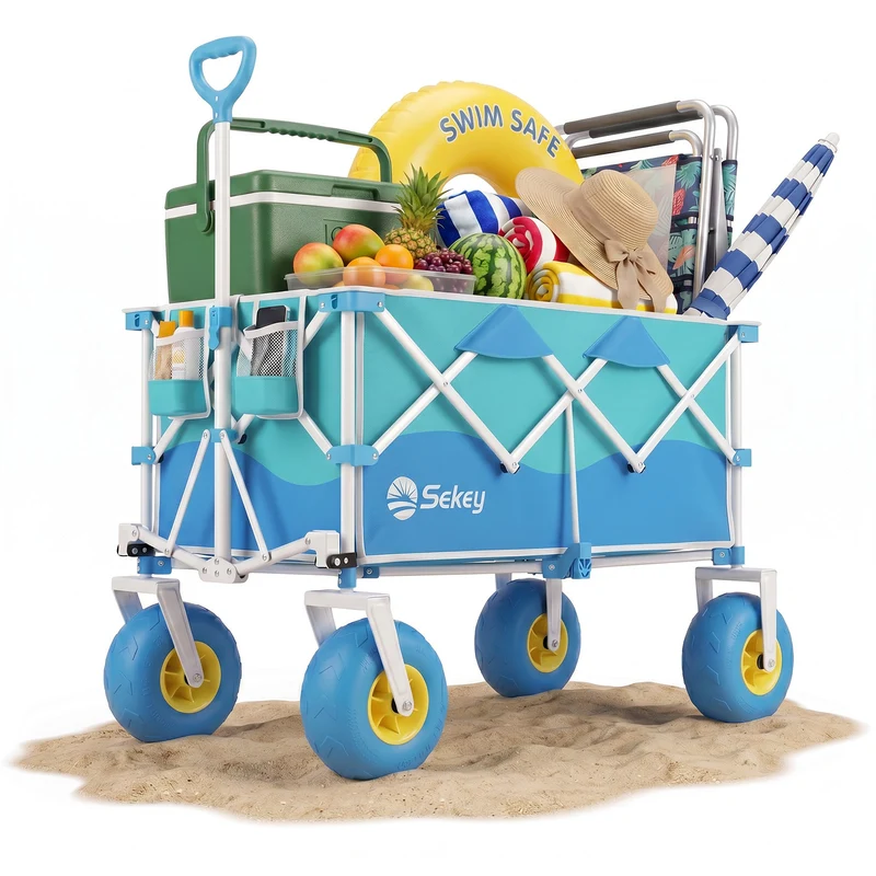 Sekey Bollerwagen faltbar mit Luftreifen 23×10 cm – Strand Bollerwagen klappbar bis 200 kg, 200L Transportwagen für Strand, Camping & Familie, 4032