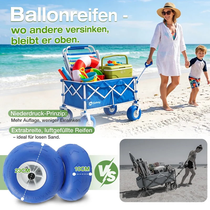 Sekey Bollerwagen faltbar mit Luftreifen 23×10 cm – Strand Bollerwagen klappbar bis 200 kg, 200L Transportwagen für Strand, Camping & Familie, 4032