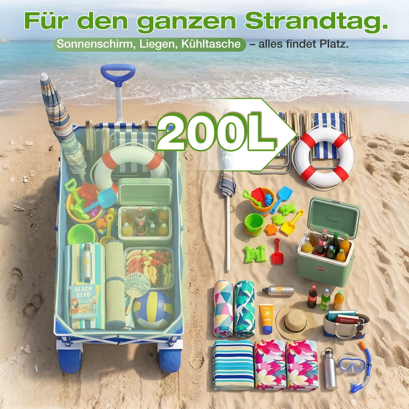 Sekey Bollerwagen faltbar mit Luftreifen 23×10 cm – Strand Bollerwagen klappbar bis 200 kg, 200L Transportwagen für Strand, Camping & Familie, 4032