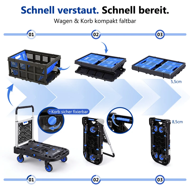 Sekey klappbarer Transportwagen 2-in-1 mit Einkaufskorb – Plattformwagen bis 137 kg, 360° Lenkrollen, 3-fach höhenverstellbarer Griff für Garten, Einkauf & Umzug