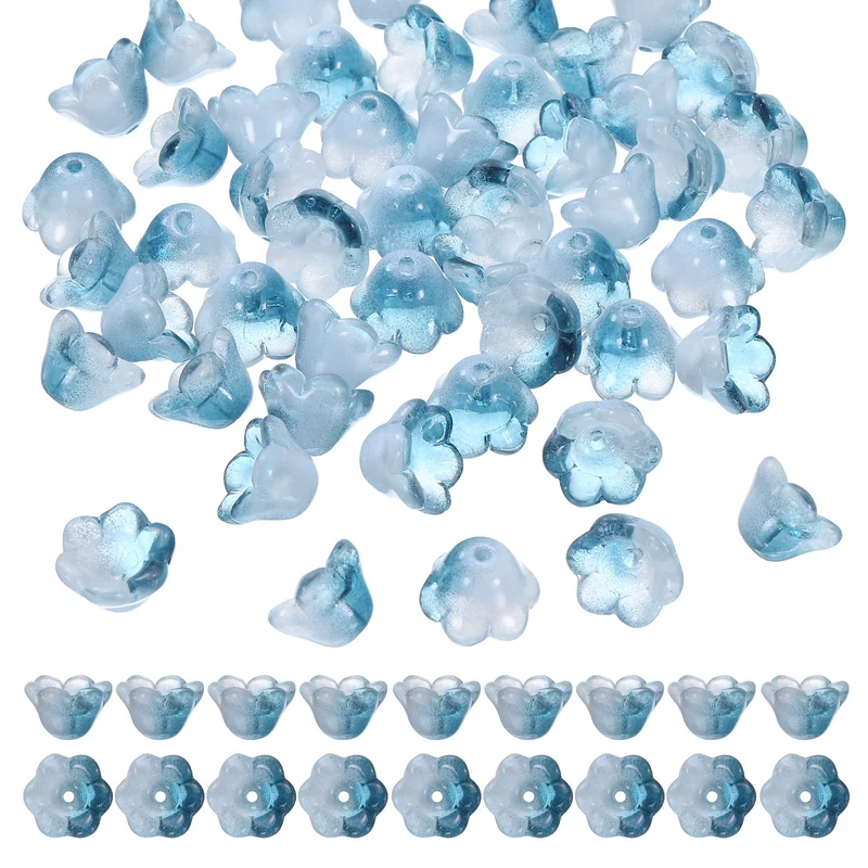 100 Pcs Glass Flower Beads for Jewelry Making, Loose Bead Charm, Blue