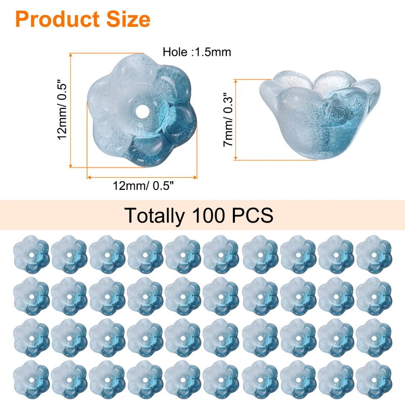 100 Pcs Glass Flower Beads for Jewelry Making, Loose Bead Charm, Blue