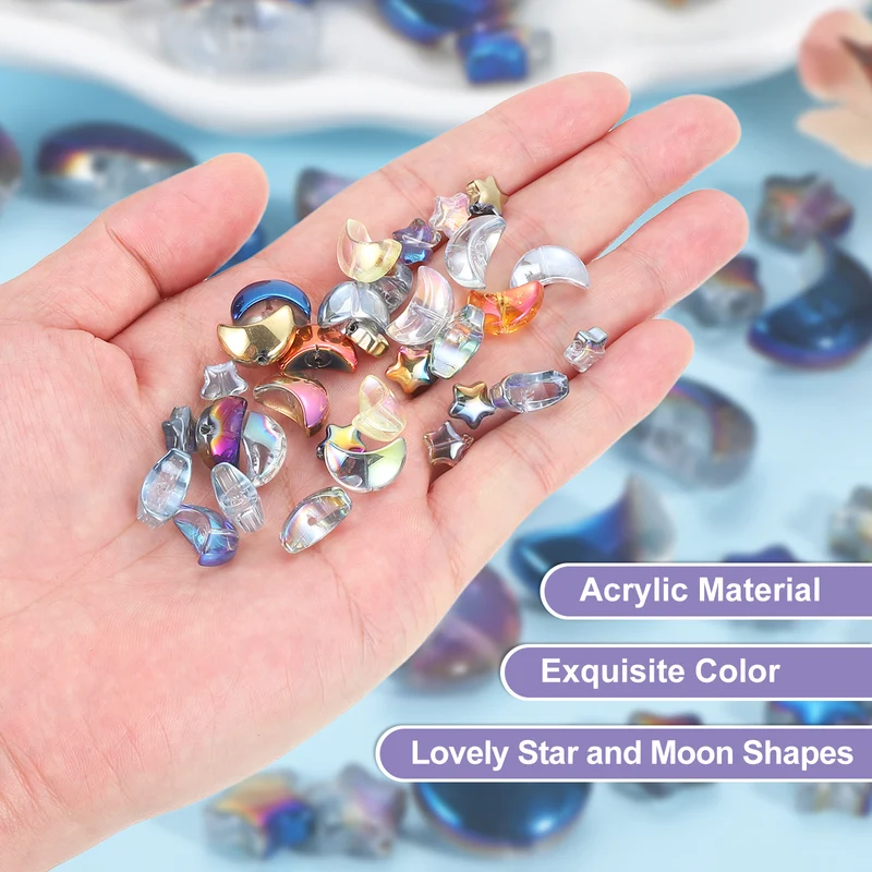 60Pcs Star Moon Shaped Beads, 2 Style Acrylic Spacer Beads Blue Purple