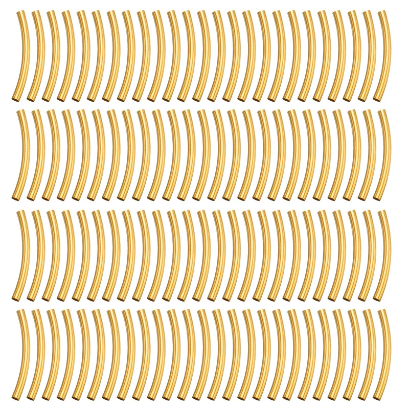 100 Pcs Tube Beads, 3x30mm Curved Noodle Beads for Jewelry Making, Gold