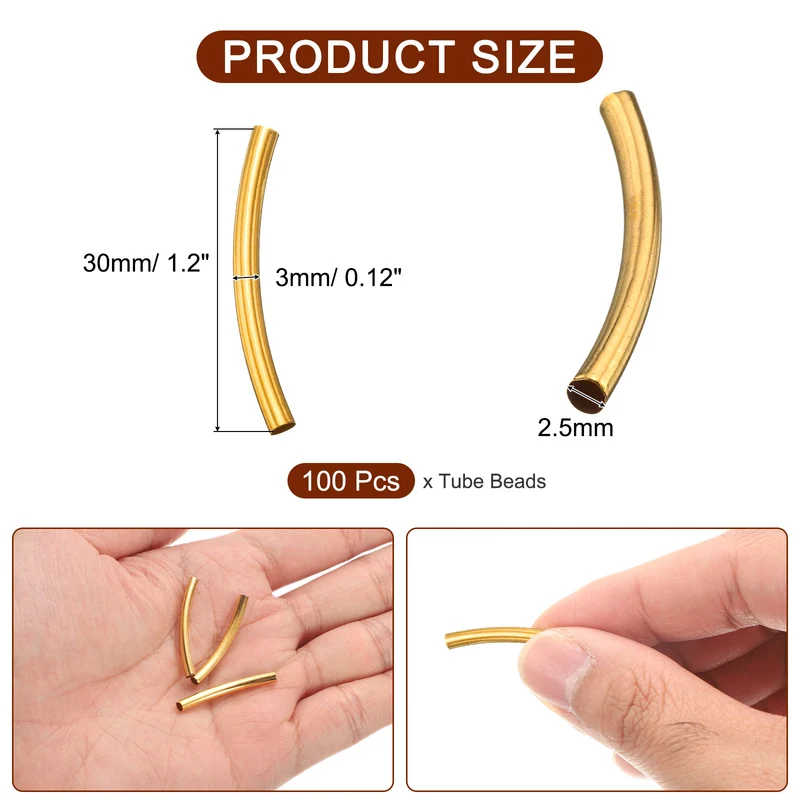 100 Pcs Tube Beads, 3x30mm Curved Noodle Beads for Jewelry Making, Gold