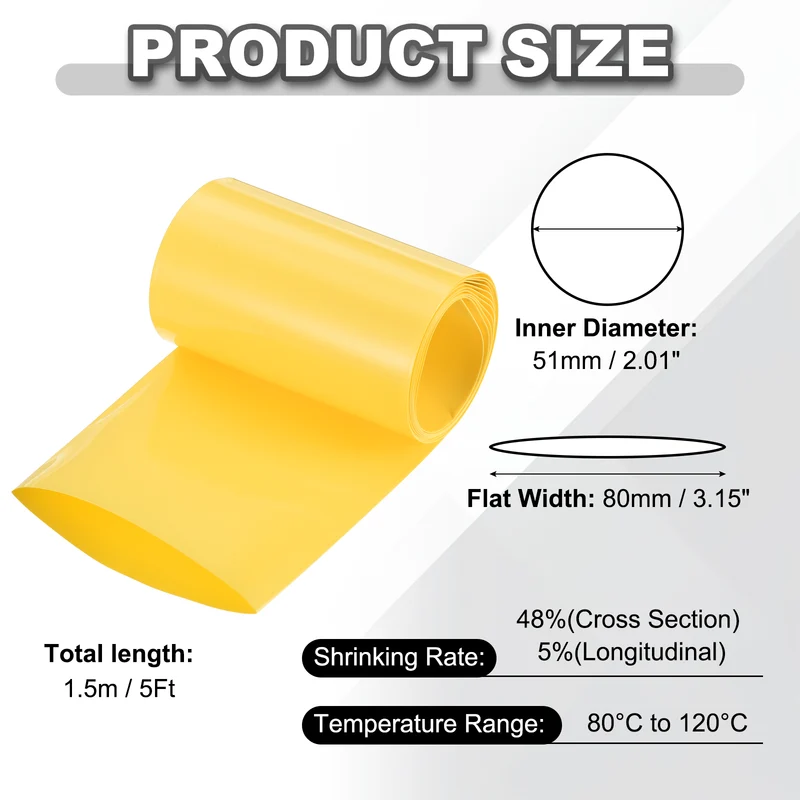 Battery Wrap, Heat Shrink Tubing, 80mm Flat Width 51mm ID, Yellow