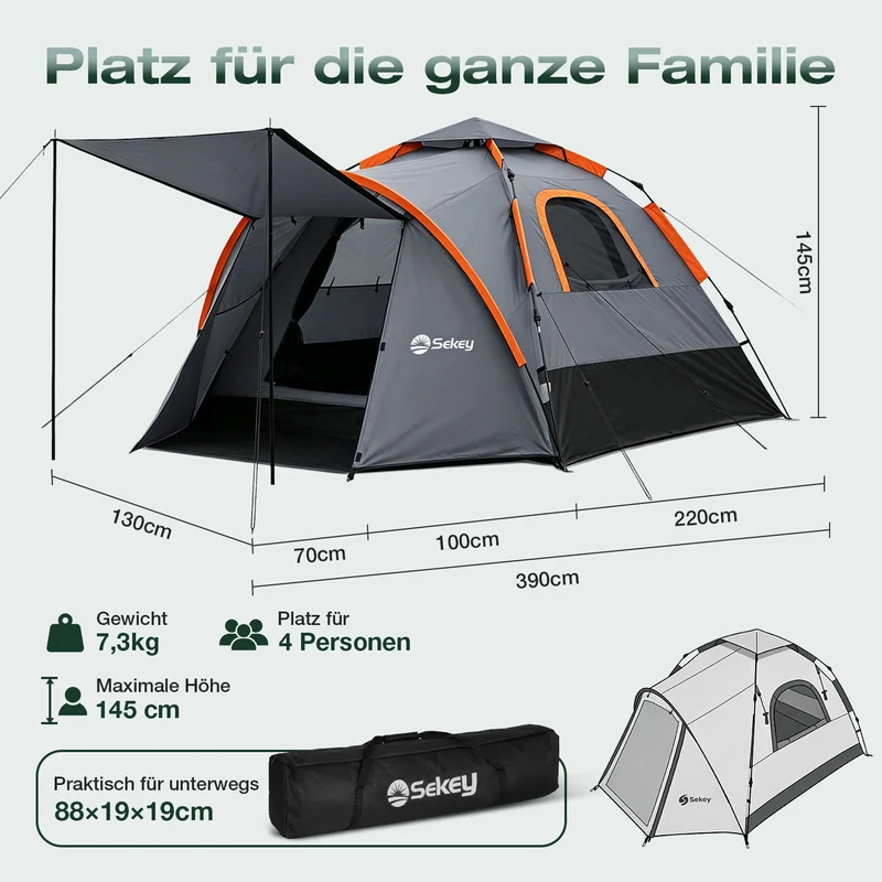 Sekey 2-Personen Campingzelt mit Hydraulik Pop-up System – Wurfzelt 2-in-1, wasserdicht PU3000+, UV50+ Schutz, Kuppelzelt mit Vorzelt & Markise für Outdoor & Familie, Grau