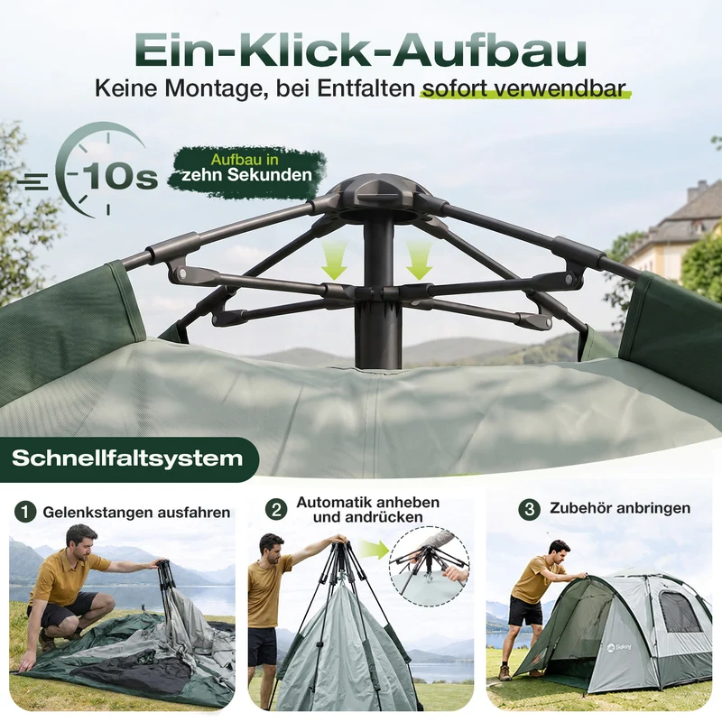 Sekey 2-Personen Campingzelt mit Hydraulik Pop-up System – Wurfzelt wasserdicht PU3000+, UV50+ Schutz, 2-in-1 Kuppelzelt mit Vorzelt & Markise für Outdoor & Familie