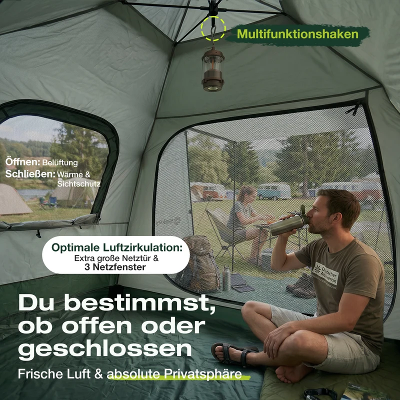 Sekey 2-Personen Campingzelt mit Hydraulik Pop-up System – Wurfzelt wasserdicht PU3000+, UV50+ Schutz, 2-in-1 Kuppelzelt mit Vorzelt & Markise für Outdoor & Familie