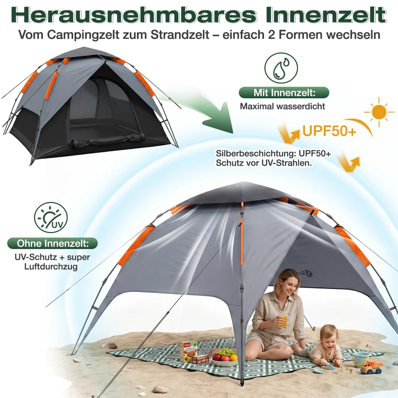 Sekey 2-Personen Kuppelzelt mit Hydraulik Pop-up System – Campingzelt wasserdicht PU3000+, UV50+ Schutz, 2-in-1 Strand- & Outdoor-Zelt, leicht & schnell aufgebaut